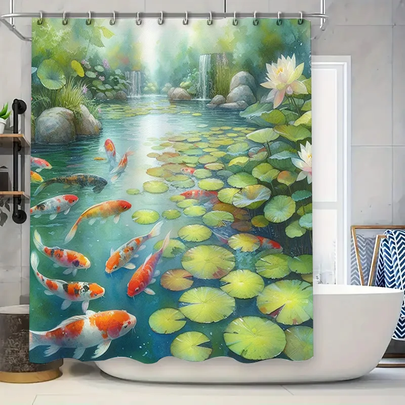 활기찬 물고기 샤워 커튼 연꽃 연못 장면 욕실 장식을위 - Aquarium Fish Koi 리뷰 및 가격