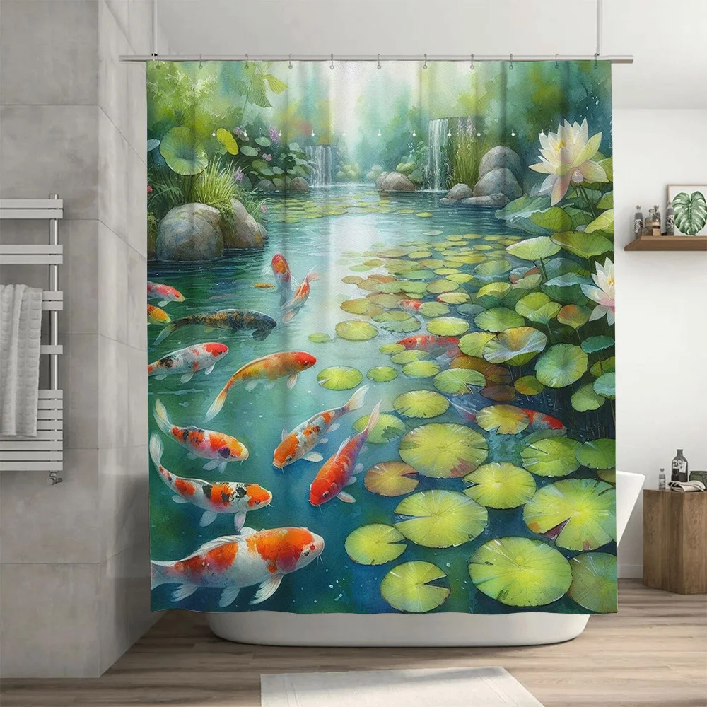 활기찬 물고기 샤워 커튼 연꽃 연못 장면 욕실 장식을위 - Aquarium Fish Koi 리뷰 및 가격